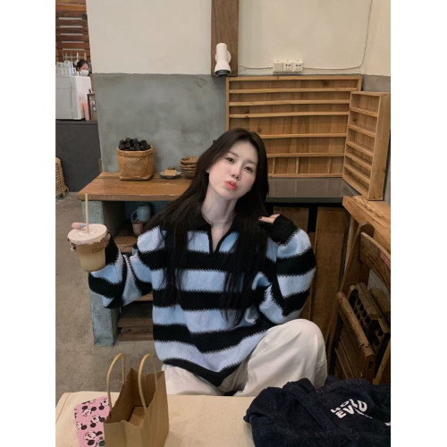 慵懶寬松藍色條紋小V領毛衣女2025秋冬休閒少女風保暖針織衫上衣