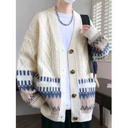 日系復古拼接菱格V領開衫毛衣男寬松痞帥潮牌休閒針織衫情侶外套