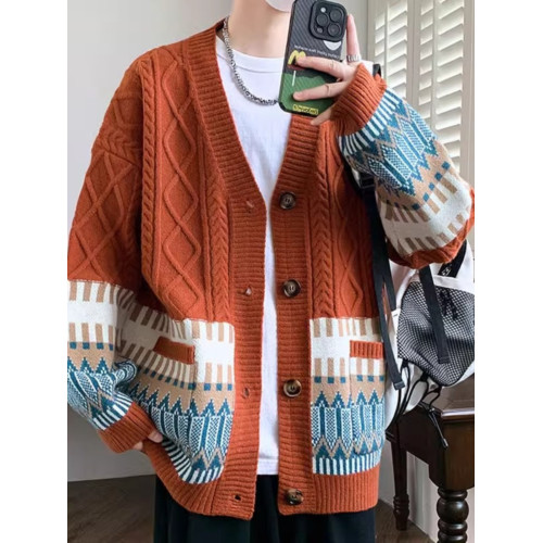 日系復古拼接菱格V領開衫毛衣男寬松痞帥潮牌休閒針織衫情侶外套