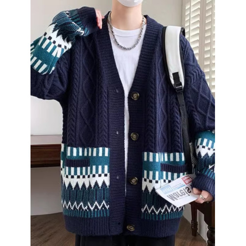 日系復古拼接菱格V領開衫毛衣男寬松痞帥潮牌休閒針織衫情侶外套