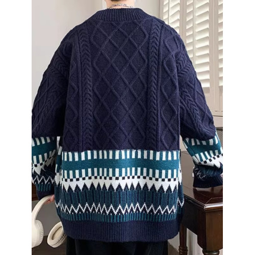 日系復古拼接菱格V領開衫毛衣男寬松痞帥潮牌休閒針織衫情侶外套