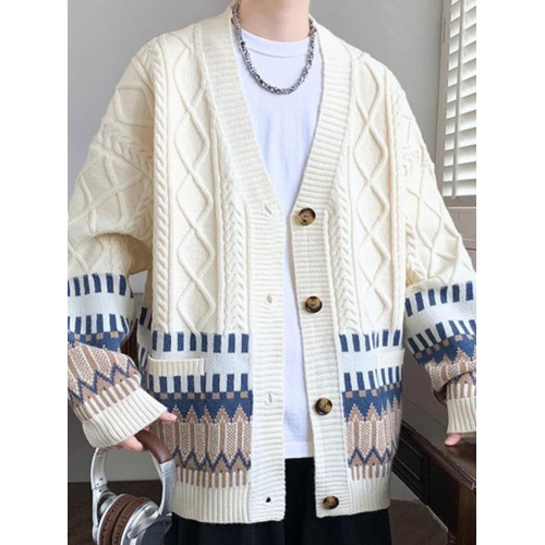 日系復古拼接菱格V領開衫毛衣男寬松痞帥潮牌休閒針織衫情侶外套