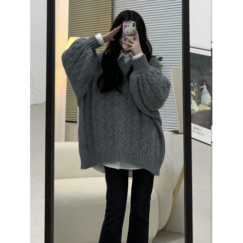 V領燈籠袖灰色毛衣女寬松外穿遮臀部慵懶風秋冬新款加厚韓系針織