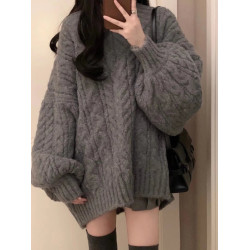 灰色麻花v領毛衣女秋冬2023新款爆款中長款毛衣裙慵懶風寬松上衣