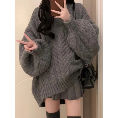 灰色麻花v領毛衣女秋冬2023新款爆款中長款毛衣裙慵懶風寬松上衣