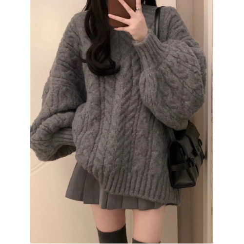 灰色麻花v領毛衣女秋冬2023新款爆款中長款毛衣裙慵懶風寬松上衣