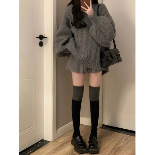 灰色麻花v領毛衣女秋冬2023新款爆款中長款毛衣裙慵懶風寬松上衣