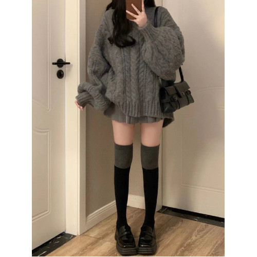 灰色麻花v領毛衣女秋冬2023新款爆款中長款毛衣裙慵懶風寬松上衣