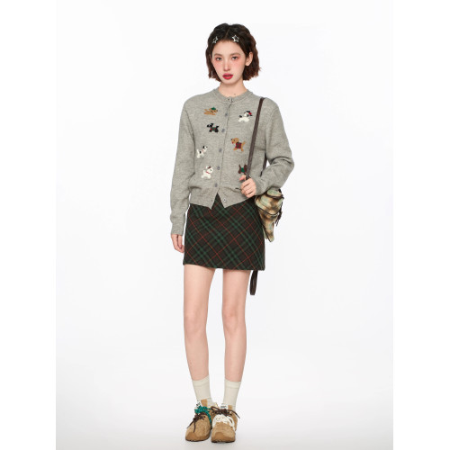 灰色小狗針織開衫毛衣外套女秋冬季小個子短款打底內搭羊毛針織衫