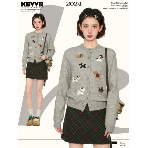 灰色小狗針織開衫毛衣外套女秋冬季小個子短款打底內搭羊毛針織衫