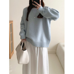 軟糯藍色套頭毛衣女秋冬加厚圓領內搭寬鬆慵嬾風長袖外穿針織上衣