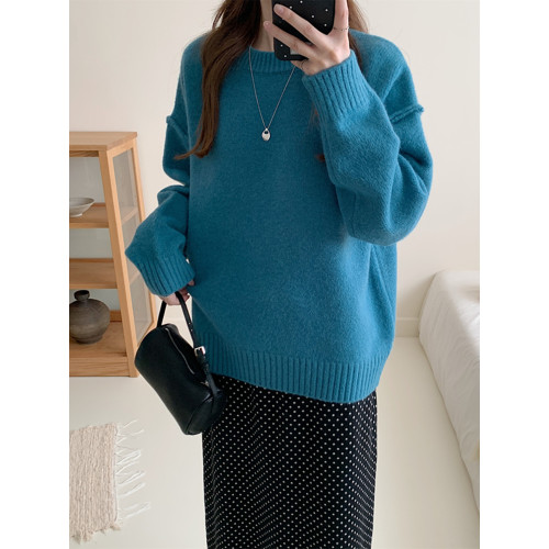 軟糯藍色套頭毛衣女秋冬加厚圓領內搭寬鬆慵嬾風長袖外穿針織上衣 軟糯藍色套頭毛衣女秋冬加厚圓領內搭寬鬆慵嬾風長袖外穿針織上衣