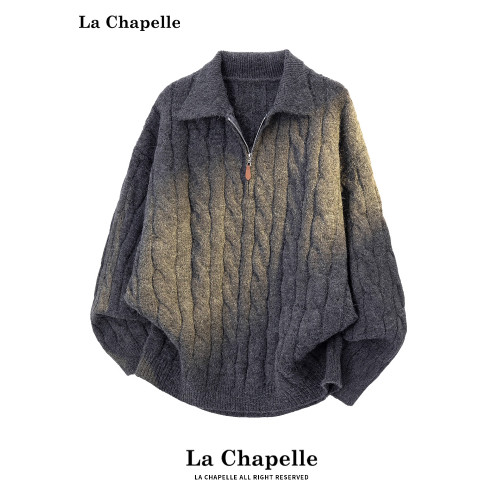 拉夏貝爾綿羊毛麻花紋polo毛衣秋冬2025新款男士半拉鍊復古針織衫