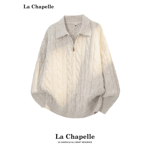 拉夏貝爾綿羊毛麻花紋polo毛衣秋冬2025新款男士半拉鍊復古針織衫