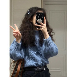 復古重工鉤花藍色麻花毛衣女秋冬外穿設計感針織衫小個子短款上衣