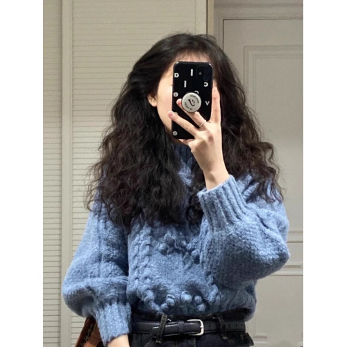 復古重工鉤花藍色麻花毛衣女秋冬外穿設計感針織衫小個子短款上衣