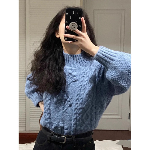 復古重工鉤花藍色麻花毛衣女秋冬外穿設計感針織衫小個子短款上衣