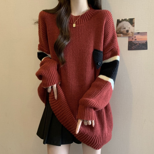 大碼胖mm寬鬆中長款套頭毛衣女秋冬慵嬾風歐貨漂亮長袖針織衫上衣