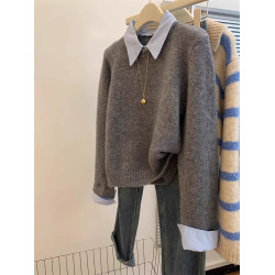 灰色假兩件polo襯衫領內搭毛衣女秋冬短款慵嬾風寬鬆打底針織上衣