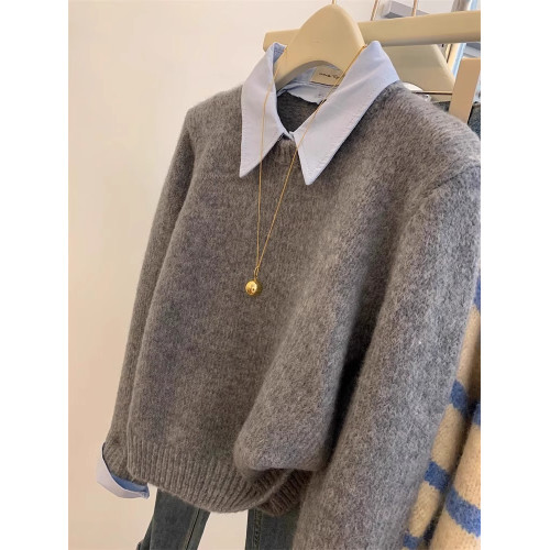 灰色假兩件polo襯衫領內搭毛衣女秋冬短款慵嬾風寬鬆打底針織上衣