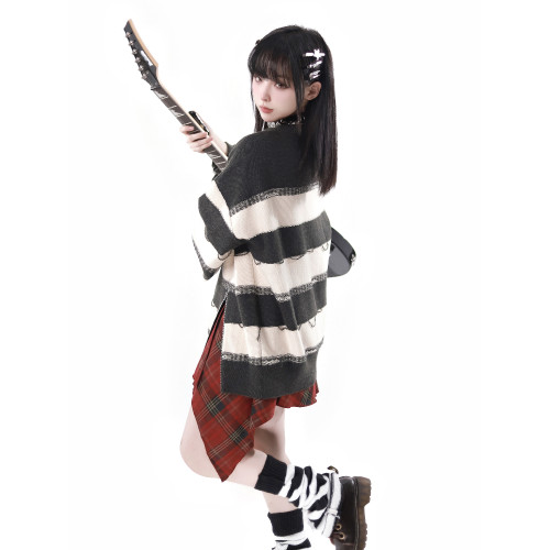 pinksavior次元音浪/拉鍊裝飾吉他條紋秋冬日常休閒毛衣半裙套