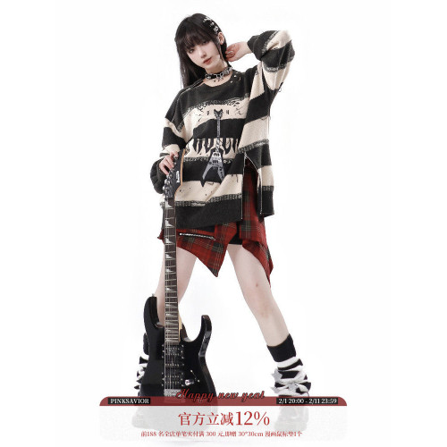 pinksavior次元音浪/拉鍊裝飾吉他條紋秋冬日常休閒毛衣半裙套
