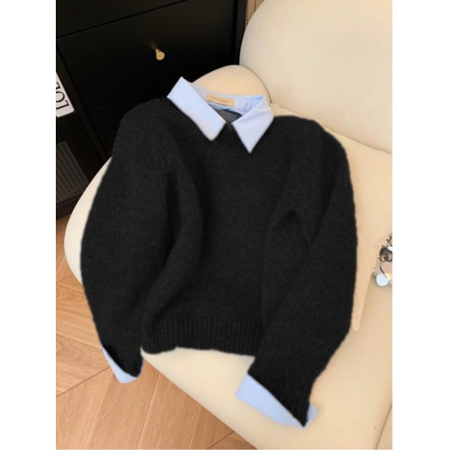 黑色polo領假兩件浣熊絨毛衣女秋冬韓系慵嬾學院風內搭針織衫上衣