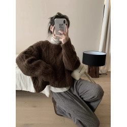 美拉德棕色套頭麻花毛衣女秋冬加厚外穿寬鬆慵嬾軟糯針織衫短上衣