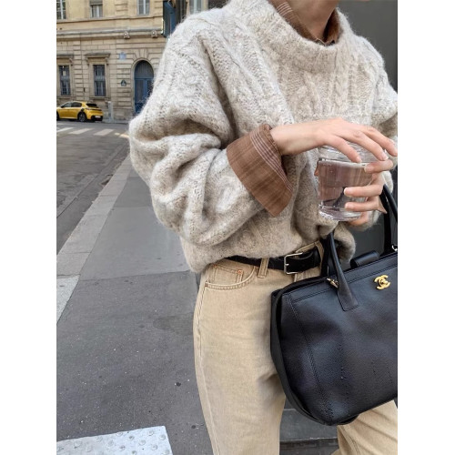 美拉德棕色套頭麻花毛衣女秋冬加厚外穿寬鬆慵嬾軟糯針織衫短上衣