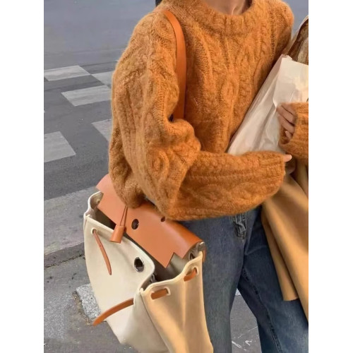 美拉德棕色套頭麻花毛衣女秋冬加厚外穿寬鬆慵嬾軟糯針織衫短上衣