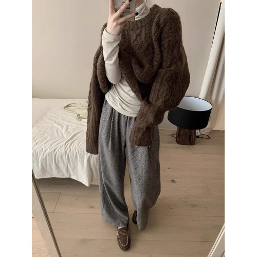 美拉德棕色套頭麻花毛衣女秋冬加厚外穿寬鬆慵嬾軟糯針織衫短上衣