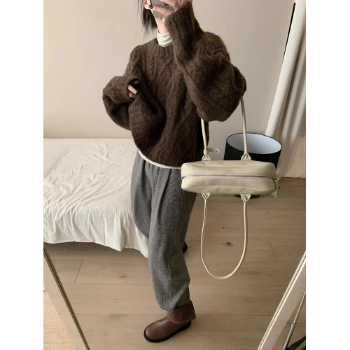 美拉德棕色套頭麻花毛衣女秋冬加厚外穿寬鬆慵嬾軟糯針織衫短上衣