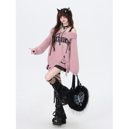 crazygirl【哥特碎片2.0】原創亞文化露肩繙領拉鍊設計感毛衣冬女