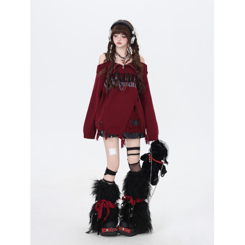 crazygirl【哥特碎片2.0】原創亞文化露肩繙領拉鍊設計感毛衣冬女