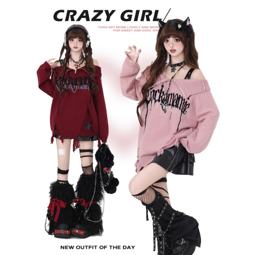 crazygirl【哥特碎片2.0】原創亞文化露肩繙領拉鍊設計感毛衣冬女