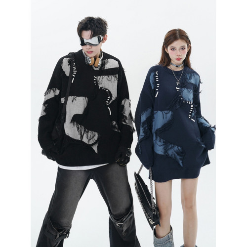 XPKAEAX原創潮牌小衆設計感圓領針織衫暗黑系痞帥炸街毛衣外套秋