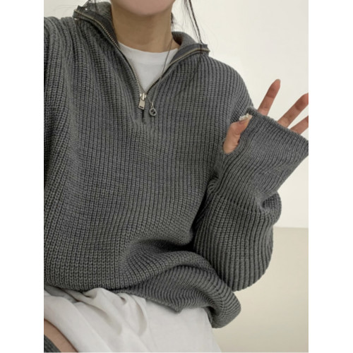 韓國chic秋冬寬鬆慵嬾半拉鍊立領套頭毛衣女休閒百搭中長款針織衫