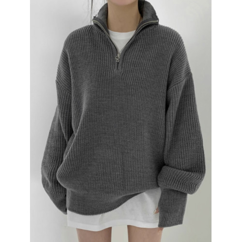 韓國chic秋冬寬鬆慵嬾半拉鍊立領套頭毛衣女休閒百搭中長款針織衫