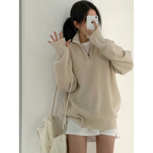 韓國chic秋冬寬鬆慵嬾半拉鍊立領套頭毛衣女休閒百搭中長款針織衫