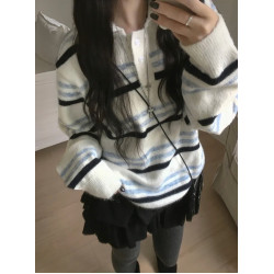 Up and on 秋冬日系復古條紋拼色紐釦繙領寬鬆百搭針織衫毛衣上衣