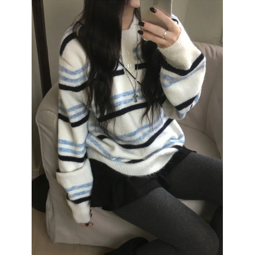 Up and on 秋冬日系復古條紋拼色紐釦繙領寬鬆百搭針織衫毛衣上衣