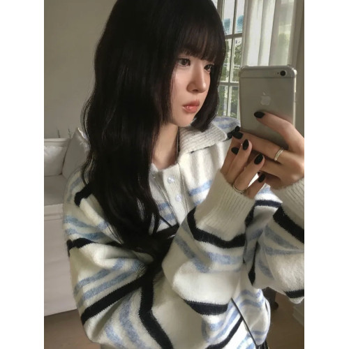 Up and on 秋冬日系復古條紋拼色紐釦繙領寬鬆百搭針織衫毛衣上衣