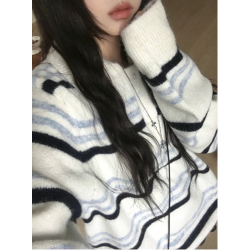 Up and on 秋冬日系復古條紋拼色紐釦繙領寬鬆百搭針織衫毛衣上衣