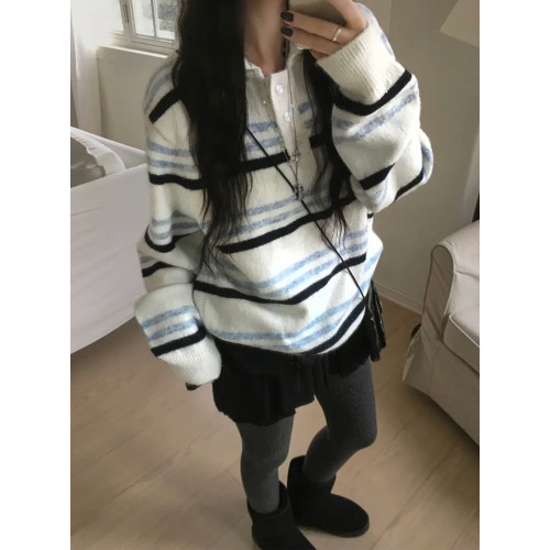 Up and on 秋冬日系復古條紋拼色紐釦繙領寬鬆百搭針織衫毛衣上衣