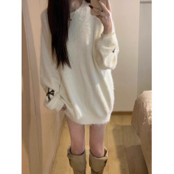 秋冬寬鬆長袖加厚軟糯白色毛衣女慵嬾風休閒圓領馬海毛針織衫上衣