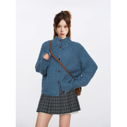 復古藍色圈圈羊毛半高領毛衣外套女秋冬季加厚慵嬾浣熊絨針織開衫