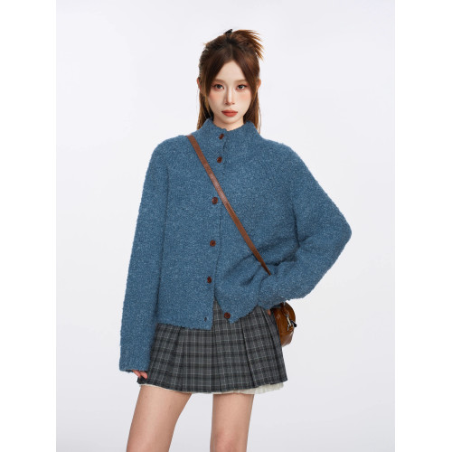 復古藍色圈圈羊毛半高領毛衣外套女秋冬季加厚慵嬾浣熊絨針織開衫