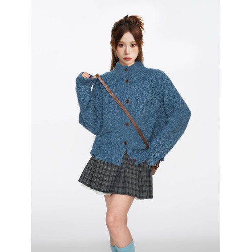 復古藍色圈圈羊毛半高領毛衣外套女秋冬季加厚慵嬾浣熊絨針織開衫