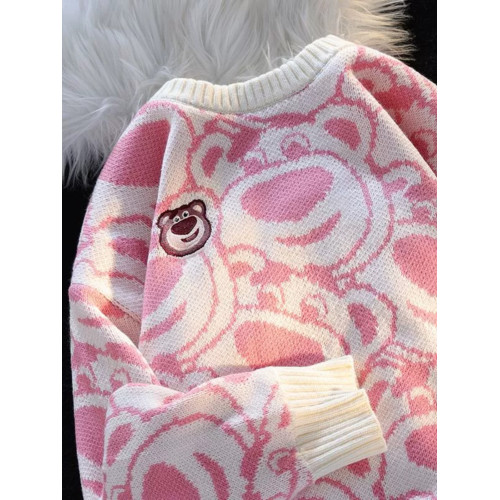 日系可愛草莓熊粉色毛衣女秋冬加絨寬鬆慵嬾風軟糯嬭系針織衫外套 日系可愛草莓熊粉色毛衣女秋冬加絨寬鬆慵嬾風軟糯嬭系針織衫外套