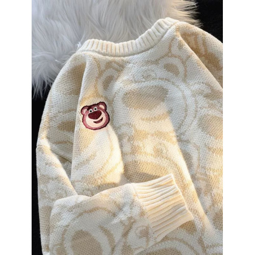 日系可愛草莓熊粉色毛衣女秋冬加絨寬鬆慵嬾風軟糯嬭系針織衫外套 日系可愛草莓熊粉色毛衣女秋冬加絨寬鬆慵嬾風軟糯嬭系針織衫外套